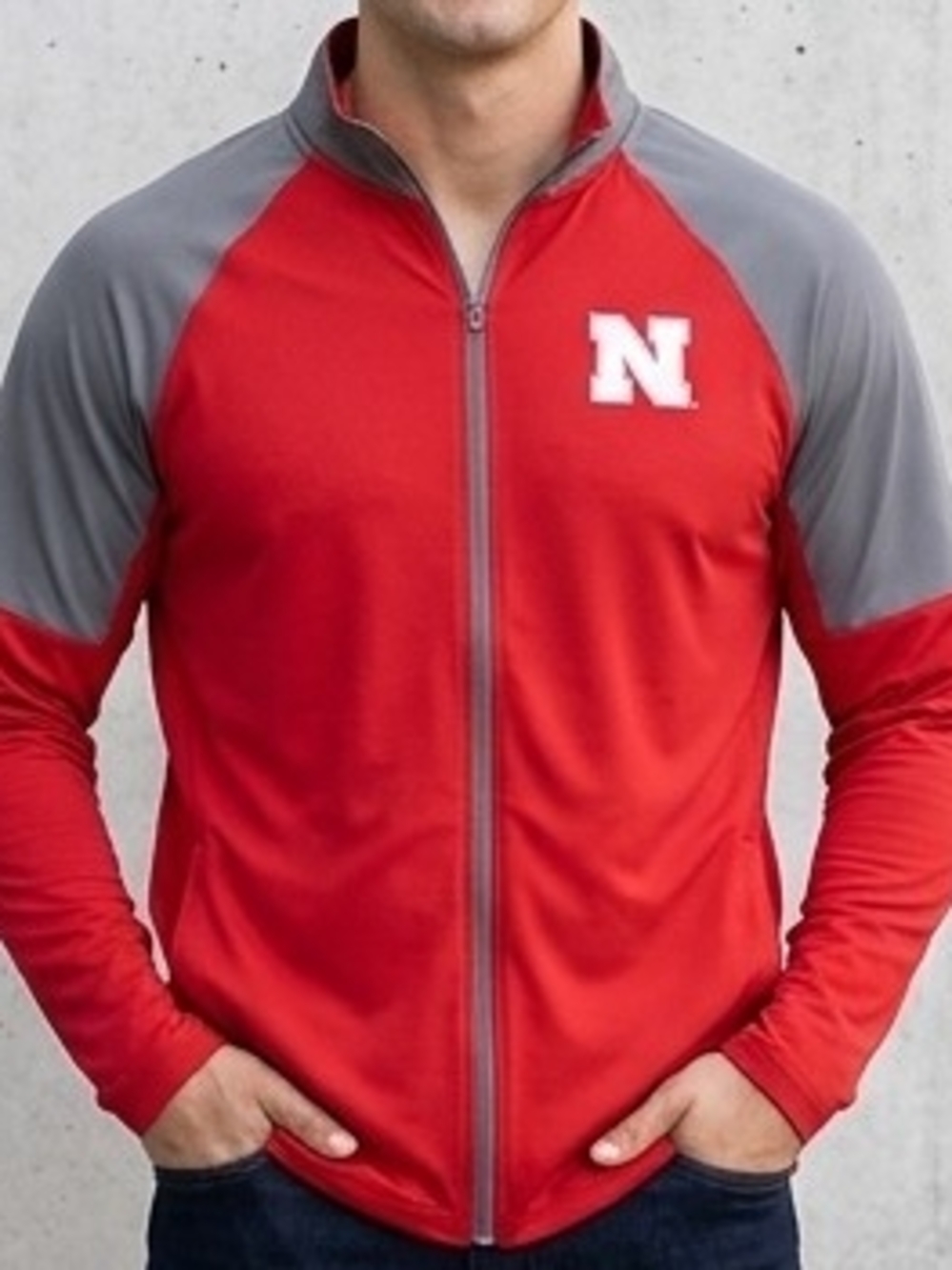 Men's Performance Full-Zip Jacket in Red with Gray Raglan Sleeves